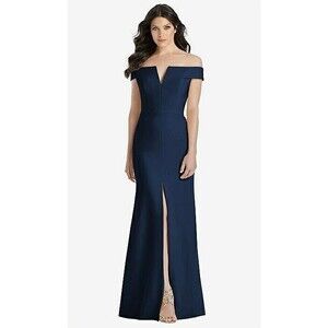 Dessy Collection Off Shoulder Notched Trumpet Gown 16R Slit Midnight Navy  B5